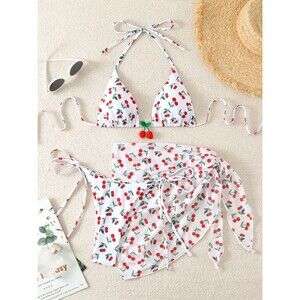 Tagkita Cherry Print 3-Piece Triangle Bikini Set with Mesh Sarong Skirt Size M